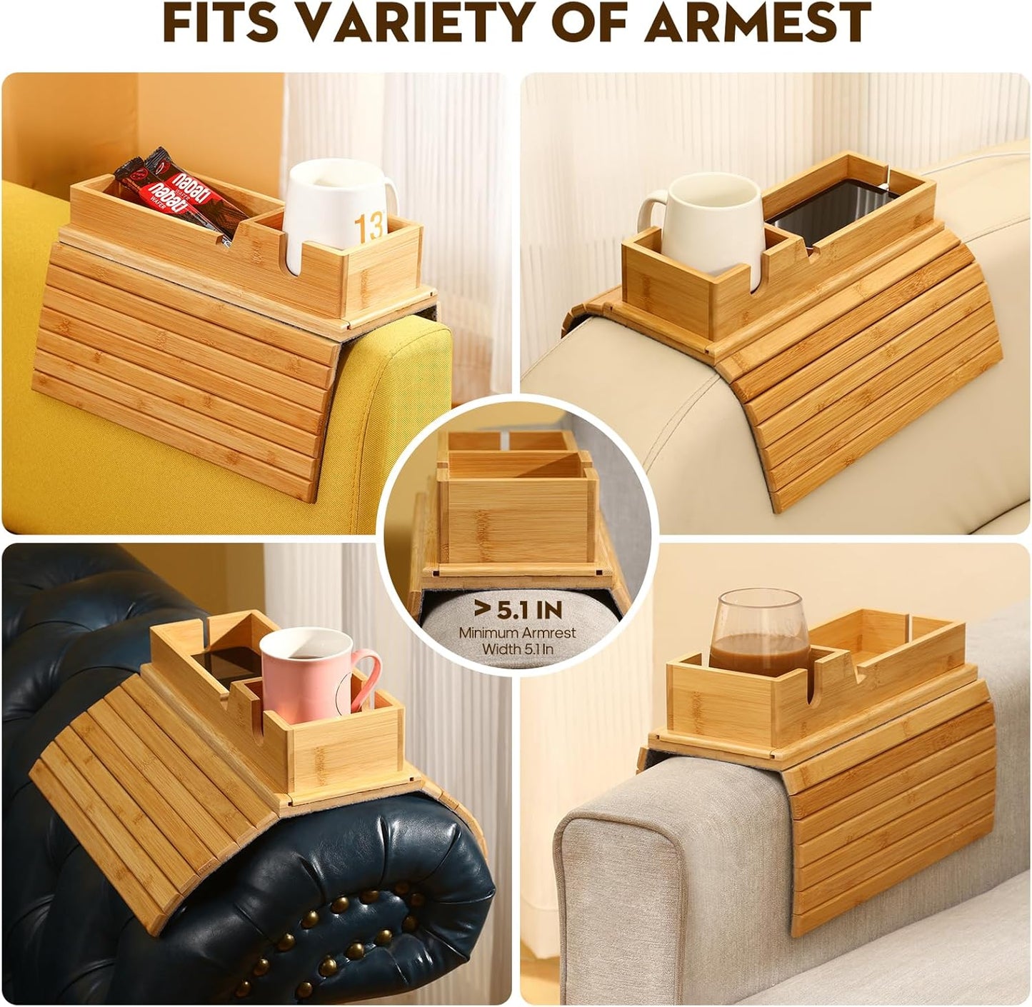 Bamboo Sofa Arm Tray Table – No-Slip Couch Organizer