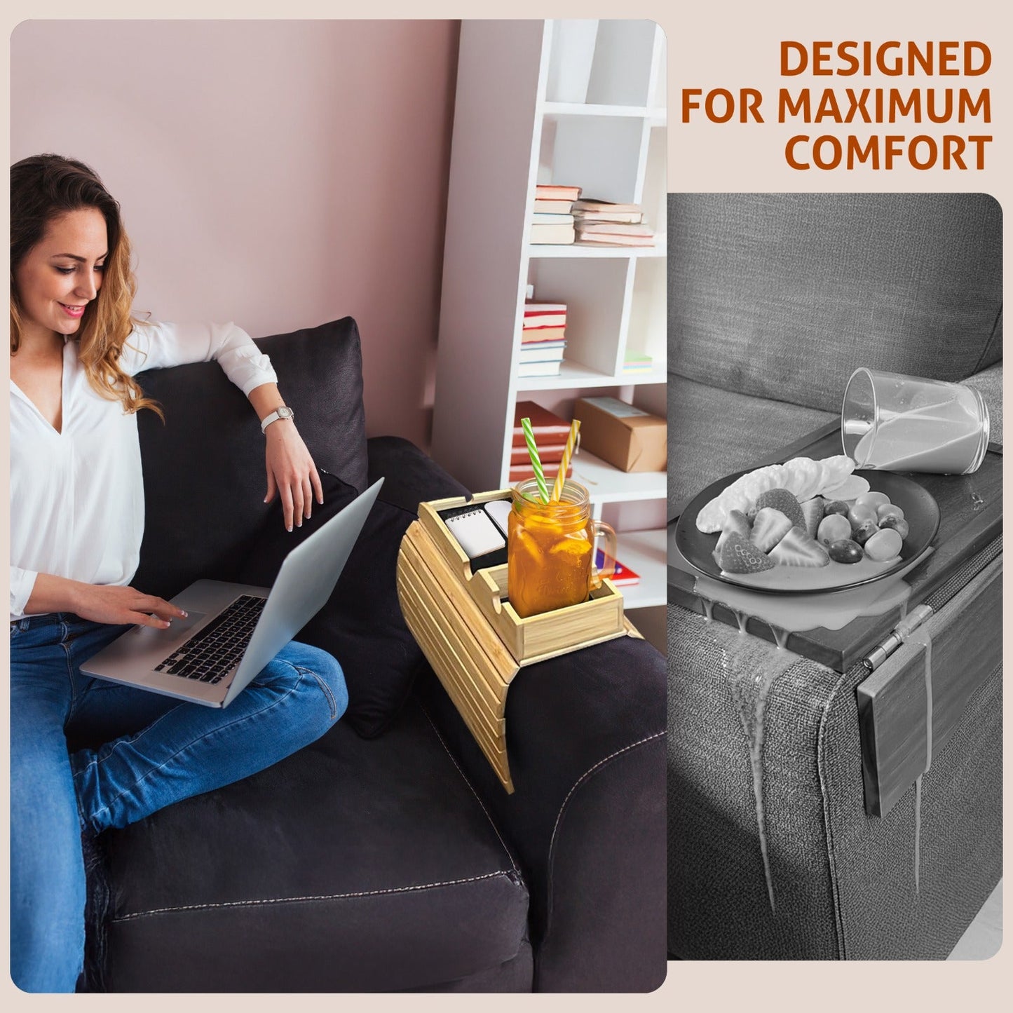 Bamboo Sofa Arm Tray Table – No-Slip Couch Organizer